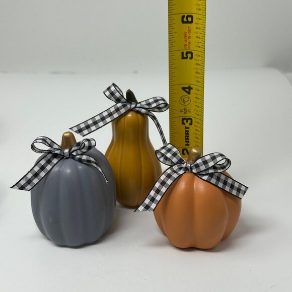 Fall Mini Ceramic Pumpkins Gourd Set of 3 Hand-Tied Plaid Bows Farmhouse Decor - Picture 7 of 9